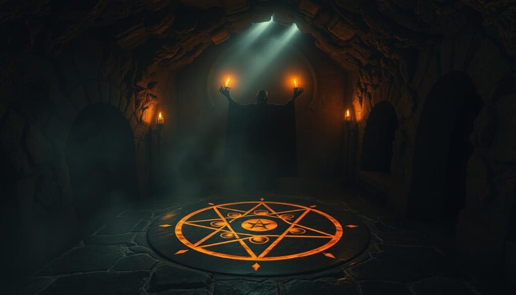 A dimly lit, ancient chamber deep underground, with crumbling stone walls and a smoky, otherworldly atmosphere. In the center, a large, ornate pentagram is etched into the floor, glowing with an eerie, supernatural energy. Shadowy figures and ominous shapes loom in the background, hinting at the dark, arcane rituals that have taken place here over the centuries. The lighting is dramatic, with flickering torchlight casting dramatic shadows and highlights across the scene. The overall mood is one of mystery, foreboding, and the presence of dark, unseen forces. Câmara subterrânea antiga e sombria com paredes de pedra desgastadas e atmosfera misteriosa, destacando um pentagrama brilhante no chão.