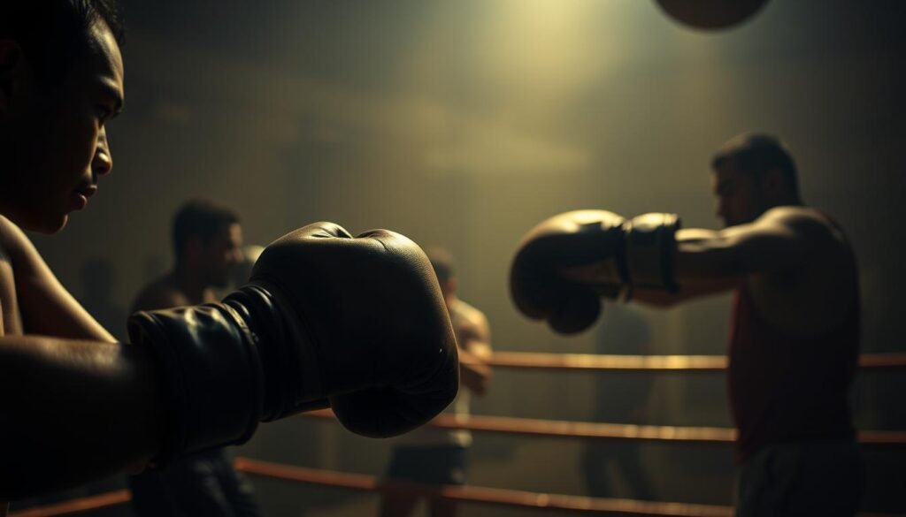 A dimly lit boxing gym, the air thick with the scent of sweat and determination. In the foreground, a boxer clad in worn leather gloves, their fists clenched in a series of well-practiced techniques - jabs, crosses, hooks, and uppercuts. The background is hazy, with the silhouettes of other fighters training, their movements captured in a blur of motion. Soft, warm lighting casts dramatic shadows, highlighting the boxer's intense focus and the raw power of their strikes. The scene conveys the gritty, old-school essence of boxing, a timeless sport that has endured for generations. A dimly lit boxing gym, the air thick with the scent of sweat and determination. In the foreground, a boxer clad in worn leather gloves, their fists clenched in a series of well-practiced techniques - jabs, crosses, hooks, and uppercuts. The background is hazy, with the silhouettes of other fighters training, their movements captured in a blur of motion. Soft, warm lighting casts dramatic shadows, highlighting the boxer's intense focus and the raw power of their strikes. The scene conveys the gritty, old-school essence of boxing, a timeless sport that has endured for generations.