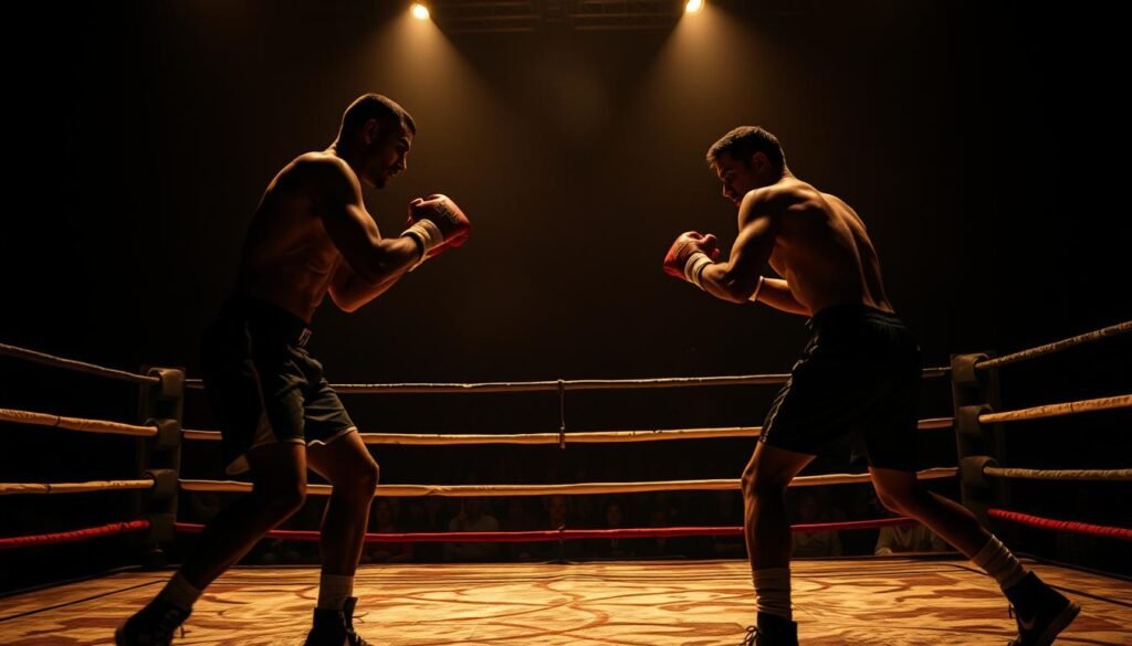 A dimly lit boxing ring, the canvas worn with years of battles. In the foreground, two boxers, their movements captured in a frozen dance of skill and power, their faces etched with determination. The middle ground reveals a crowd of spectators, their faces alight with the thrill of the match. The background fades into the shadows, hinting at the rich history and tradition of this ancient sport. Soft, dramatic lighting casts a warm, sepia-toned hue, evoking a sense of timelessness. The composition is balanced, with the boxers taking center stage, surrounded by the energy and atmosphere of the arena. A dimly lit boxing ring, the canvas worn with years of battles. In the foreground, two boxers, their movements captured in a frozen dance of skill and power, their faces etched with determination. The middle ground reveals a crowd of spectators, their faces alight with the thrill of the match. The background fades into the shadows, hinting at the rich history and tradition of this ancient sport. Soft, dramatic lighting casts a warm, sepia-toned hue, evoking a sense of timelessness. The composition is balanced, with the boxers taking center stage, surrounded by the energy and atmosphere of the arena.