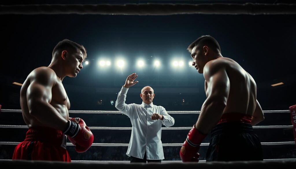 A dimly lit boxing ring, the ropes casting dramatic shadows. In the foreground, two pugilists in sleek, modern boxing attire facing off, their expressions intense. The mid-ground shows a referee in a crisp, white uniform, one hand raised, signaling the start of the round. In the background, spectators in the stadium stands, their silhouettes visible against the bright lights overhead. The overall atmosphere is one of anticipation and energy, capturing the essence of the modern rules that emerged in 1867, shaping the sport of boxing into its contemporary form. A dimly lit boxing ring, the ropes casting dramatic shadows. In the foreground, two pugilists in sleek, modern boxing attire facing off, their expressions intense. The mid-ground shows a referee in a crisp, white uniform, one hand raised, signaling the start of the round. In the background, spectators in the stadium stands, their silhouettes visible against the bright lights overhead. The overall atmosphere is one of anticipation and energy, capturing the essence of the modern rules that emerged in 1867, shaping the sport of boxing into its contemporary form.