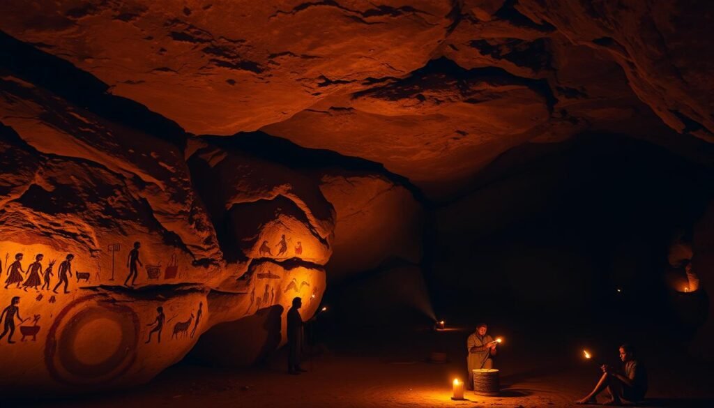 A dimly lit cave interior, illuminated by flickering torchlight. In the foreground, ancient rock walls adorned with vibrant paintings depicting primitive human figures, animals, and geometric patterns. The pigments - a blend of earthy ochres, charcoals, and rich hues - appear to shimmer with an almost metallic luster. In the middle ground, shadowy figures move about, meticulously applying paint to the cave surface using primitive tools and techniques. The background fades into a deep, cavernous expanse, hinting at the expansive network of underground passages. The overall atmosphere is one of reverence, mystery, and the timeless endurance of this ancient artistic tradition. pintura rupestre com tinta brilhante em caverna do Brasil