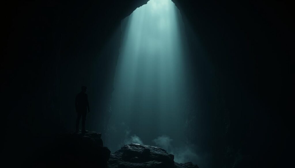A dimly lit, cavernous underground scene. In the foreground, a figure stands at the edge of a deep, yawning chasm, their gaze fixed on the dark depths below. Wisps of mist curl around their feet, adding to the sense of unease. The middle ground is shrouded in shadows, hinting at the unknown dangers that lurk within. The background fades into a hazy, impenetrable darkness, conveying a sense of the immense scale and unknowability of the abyss. Dramatic, high-contrast lighting casts dramatic shadows, heightening the feeling of vulnerability and foreboding. The overall mood is one of trepidation, isolation, and the overwhelming power of the unseen. Pessoa diante de um abismo subterrâneo escuro, observando a profundidade com tensão.