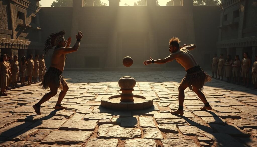 A dimly lit ceremonial court, the sun casting long shadows across the ancient stone surface. Two Aztec players, adorned in ornate regalia, engage in a high-stakes ritual ball game, their hips and arms expertly guiding a solid rubber ball through a raised stone hoop. The loser's fate hangs in the balance, the prospect of ritual sacrifice looming large. Spectators line the sidelines, their faces etched with a mix of reverence and anticipation, bearing witness to this sacred tradition. The air is thick with tension, the sound of the ball echoing through the stillness, a primal dance of skill, strategy, and cosmic consequence.