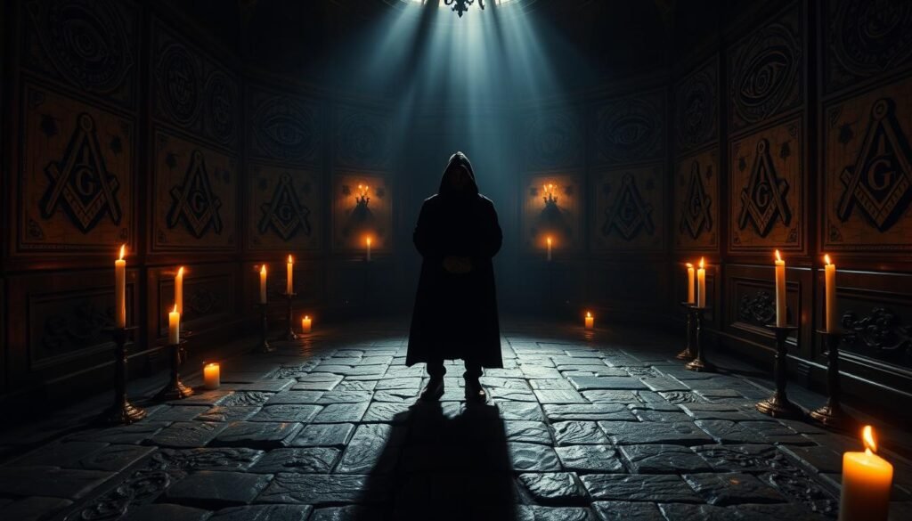 A dimly lit chamber, the walls adorned with intricate masonic symbols - compasses, squares, and the all-seeing eye. The air is thick with a sense of mystery and ritual. In the center, a lone figure stands, draped in a dark cloak, their face obscured by shadows. Ceremonial candles flicker, casting flickering shadows that dance across the carved stone floor. The room is heavy with symbolism, a sacred space where the secrets of the order are passed down through generations. The image captures the essence of the Masonic initiation ritual, a world of hidden knowledge and ancient traditions.