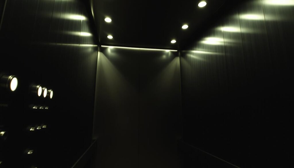 A dimly lit elevator interior, the floor buttons glowing softly. Shadows cast by the overhead lighting create a sense of mystery and intrigue. The polished metal walls reflect the occupant's subtle movements, hinting at the secrets they carry. A subtle scent of freshly cleaned carpeting lingers, adding to the atmospheric ambiance. The elevator slowly ascends, its gentle hum the only sound, inviting the viewer to imagine the untold stories hidden within its confines.
