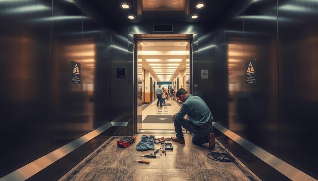 A dimly lit elevator interior, the metal surfaces gleaming softly in the warm glow of recessed lighting. The floor is a patterned tile, slightly worn but well-maintained. In the foreground, a technician kneels, tools and equipment spread out as they perform a routine inspection and preventive maintenance check. The walls are adorned with subtle signage, providing guidance and safety information. Through the open elevator doors, a glimpse of a bustling office lobby can be seen, creating a sense of contrast between the calm, focused work within and the active world beyond. The overall atmosphere is one of quiet diligence, a testament to the unseen efforts that keep these essential machines running smoothly.