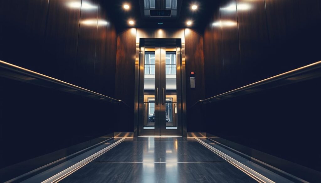 A dimly lit elevator interior, the warm glow of overhead lights casting a soft hue. In the foreground, the floor is lined with sleek, metal panels, reflecting the occupant's movements. The walls are adorned with sturdy, brushed-steel handrails, instilling a sense of security. Towards the back, the control panel stands tall, its buttons and indicators subtly illuminated, ready to guide the elevator's ascent or descent. Through the glass doors, a glimpse of the building's exterior can be seen, hinting at the elevator's role in connecting different floors. The overall atmosphere conveys a sense of safety and reliability, underscoring the importance of elevators in modern architectural design.
