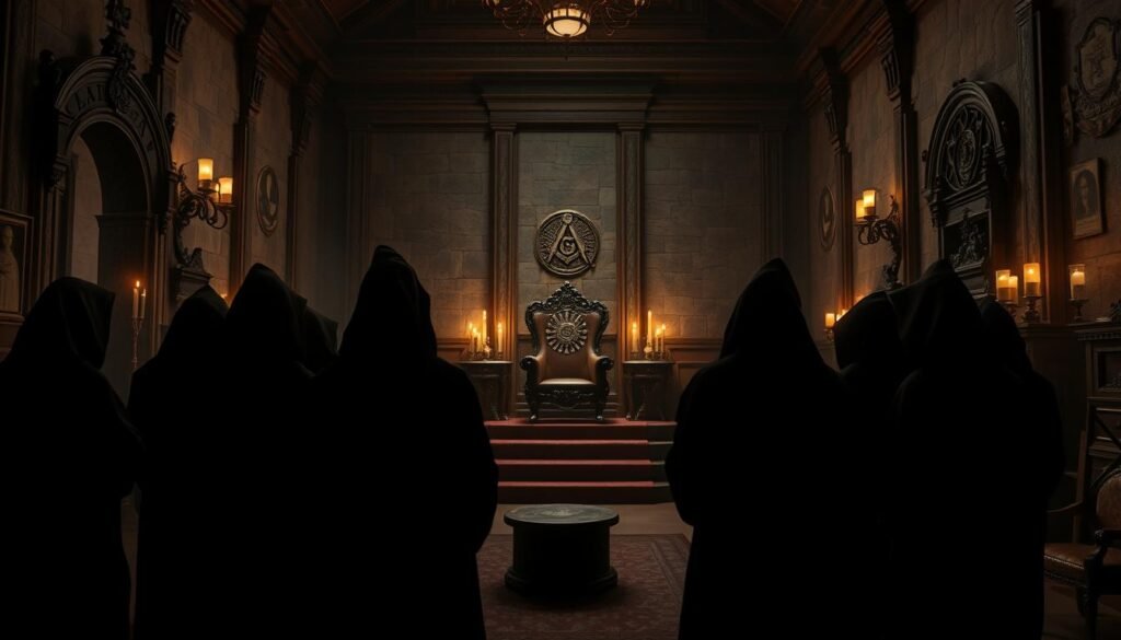 A dimly lit, opulent chamber with ornate stonework and carved wooden furnishings. Shadowy figures in hooded robes stand in a circle, hands clasped, faces obscured. The air is thick with a sense of solemn ritual, the flickering candlelight casting an eerie glow. In the center, a raised dais with a single, imposing chair. On the walls, mysterious symbols and arcane insignia, hinting at the secrets of the Masonic order. The scene evokes a sense of mystery, power, and the weight of oaths and consequences for those who would dare to reveal the order's most guarded mysteries.