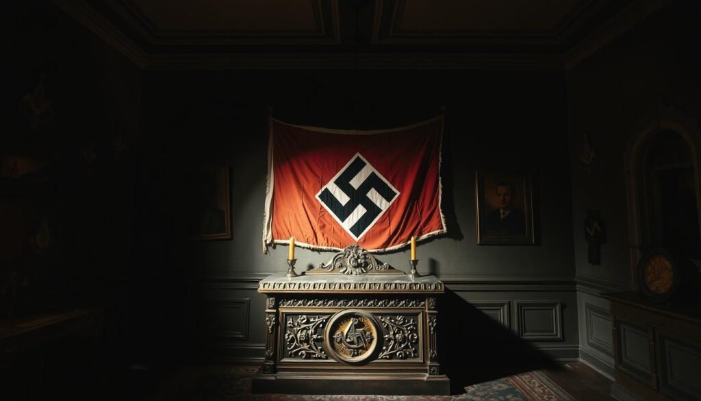 A dimly lit room, the walls adorned with Masonic symbols and Nazi regalia. In the center, an ornate Masonic altar stands, its intricate carvings casting shadows across the scene. A single spotlight illuminates a tattered Nazi flag, its once-proud design now faded and tattered, a symbolic representation of the persecution faced by the Freemasons during the dark days of the Third Reich. The atmosphere is somber, the tension palpable, as the viewer is transported to a moment in history when these two seemingly opposing forces collided, leaving a legacy of fear, oppression, and the resilience of the human spirit.