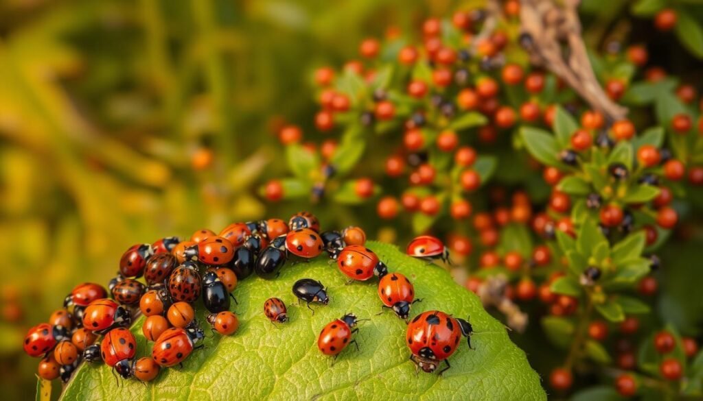 A diverse array of ladybugs in a vibrant natural setting. In the foreground, a cluster of ladybugs in various colors and patterns - red, orange, black, and spotted - crawling across a lush green leaf. In the middle ground, more ladybugs dotting the surrounding foliage, creating a captivating visual tapestry. The background features a soft, out-of-focus backdrop of blurred greens and natural textures, emphasizing the ladybugs as the focal point. Warm, diffused lighting casts a gentle glow, accentuating the ladybugs' intricate details and vibrant hues. The composition is balanced, allowing the viewer to appreciate the diversity and beauty of these remarkable insects.