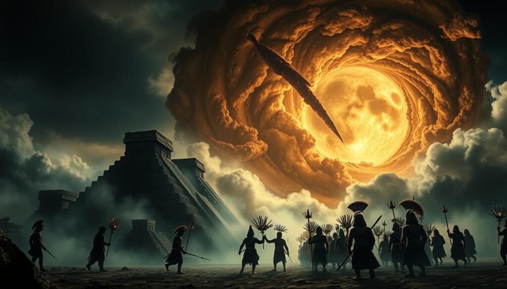 A dramatic and immersive scene depicting the Aztec mythology of the cyclical destruction and rebirth of the world. In the foreground, towering stone pyramids and temples stand against a dark, ominous sky, their silhouettes casting long shadows. Clouds of smoke and mist swirl around the structures, creating an atmosphere of mystery and foreboding. In the middle ground, a procession of Aztec priests and warriors are engaged in a ritualistic ceremony, their intricate costumes and regalia illuminated by the flickering light of torches. In the background, a massive, swirling vortex of energy and cosmic forces suggests the impending end of the world, only to be followed by a new cycle of creation. Dramatic lighting and a muted, earthy color palette enhance the sense of ancient power and the cyclical nature of Aztec cosmology.
