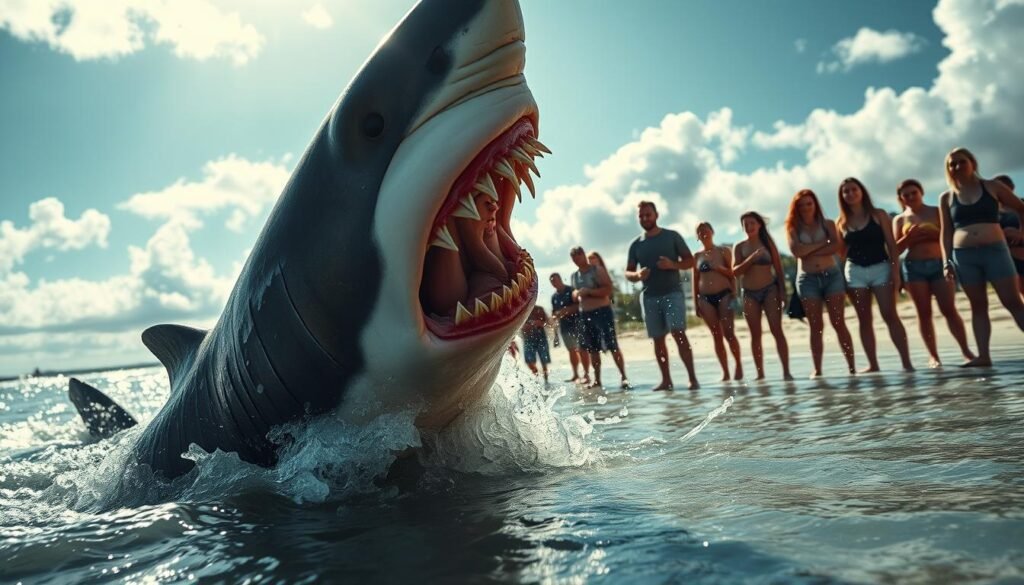 A dramatic beach scene, a woman suddenly attacked by a large, menacing shark as she stands in shallow waters. The shark's powerful jaws clamping down, water splashing violently. Tension and fear palpable in the woman's expression. Beachgoers look on in horror, frozen in the moment. Bright sunlight filters through clouds, casting dramatic shadows. High-contrast lighting, gritty and cinematic. Tight, action-packed composition that draws the eye to the center of the attack. A powerful, visceral image that captures the terror of the situation. A dramatic beach scene, a woman suddenly attacked by a large, menacing shark as she stands in shallow waters. The shark's powerful jaws clamping down, water splashing violently. Tension and fear palpable in the woman's expression. Beachgoers look on in horror, frozen in the moment. Bright sunlight filters through clouds, casting dramatic shadows. High-contrast lighting, gritty and cinematic. Tight, action-packed composition that draws the eye to the center of the attack. A powerful, visceral image that captures the terror of the situation.