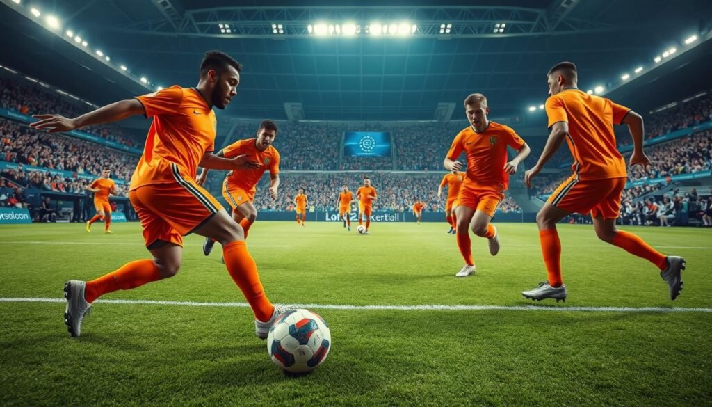 A dynamic and fluid football match on a lush green pitch. In the foreground, players in vibrant orange uniforms deftly maneuver the ball, their movements seamless and synchronized. The middle ground features a crisply lit stadium, with fans passionately cheering in the stands. In the background, a low-angled view captures the grandeur of the game, the players' actions blending into a cohesive, mesmerizing whole. The scene conveys the essence of "Total Football," a revolutionary approach that redefined the sport, allowing players to fluidly transition between positions and roles. The overall mood is one of kinetic energy, innovation, and the sheer artistry of the game.