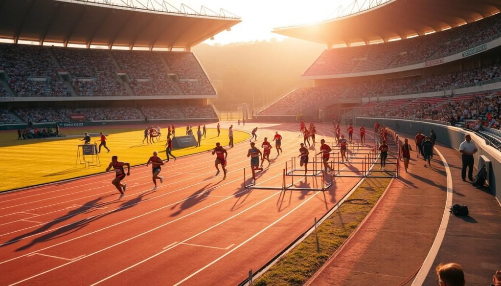 A dynamic athletic competition unfolds on a well-manicured track, with runners, hurdlers, and field event competitors engaged in a thrilling display of speed, agility, and precision. The scene is bathed in warm, golden light, casting long shadows that add depth and drama to the tableau. In the background, spectators fill the stadium stands, their cheers and applause creating an electric atmosphere. The camera captures the event from an elevated vantage point, offering a panoramic view that showcases the various disciplines of this captivating sport. Every stride, every leap, and every throw is imbued with a sense of purpose and determination, capturing the essence of the curious and incredible world of track and field athletics.