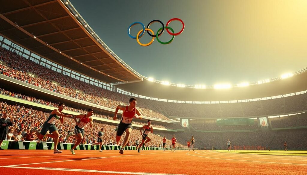 A dynamic athletics arena illuminated by golden sunlight, the vibrant track and field events of the Olympic Games unfolding before us. Lithe, muscular figures in sleek uniforms sprint, hurdle, and leap with electrifying grace, embodying the pinnacle of human athletic prowess. In the stands, a sea of cheering spectators, their excitement palpable. The iconic Olympic rings loom overhead, a symbol of global unity and the timeless pursuit of excellence. This panoramic scene captures the majesty and significance of the Olympic athletics competitions, a true celebration of the human spirit.