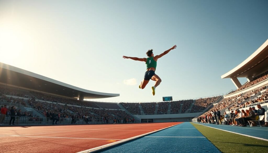 A dynamic long jump scene unfolding in a sun-dappled athletic stadium. In the foreground, an athlete gracefully launches off the takeoff board, their body stretched out in perfect form, arms outstretched, legs extended as they soar through the air. In the middle ground, spectators watch in rapt attention, their faces lit by the warm glow of the afternoon sun. The background features the stadium's modern architecture, with sleek lines and towering grandstands creating a sense of scale and grandeur. The scene is illuminated by natural, diffuse lighting that casts subtle shadows and highlights the athleticism of the jumper. The overall mood is one of awe-inspiring athletic prowess, captured in a single, breathtaking moment.