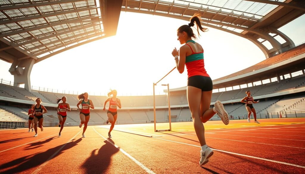 A dynamic scene of female athletes in an outdoor athletics stadium, bathed in warm afternoon sunlight. In the foreground, a group of sprinters in vibrant uniforms stride powerfully down the track, their muscles taut with determination. In the middle ground, a high jumper arches gracefully over the bar, her form silhouetted against the backdrop of the stadium's curved concrete stands. Farther back, a javelin thrower winds up, poised to launch the slender silver spear. The mood is one of power, grace, and the thrill of competition, capturing the historic journey of women in the sport of athletics.