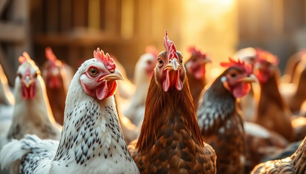 A flock of domestic chickens standing in a serene, sunlit farmyard, their heads tilted and expressions conveying a palpable sense of empathy and compassion. The birds are alert, their eyes softened with a subtle, almost human-like understanding, as if they can sense the emotional state of their caretakers. The scene is bathed in warm, diffused lighting, creating a contemplative, almost meditative atmosphere. The chickens are the central focus, with the background blurred and softened, drawing the viewer's attention to their expressive faces and body language. The overall composition suggests a deeper connection between the chickens and their environment, highlighting their capacity for emotional intelligence and sensitivity.