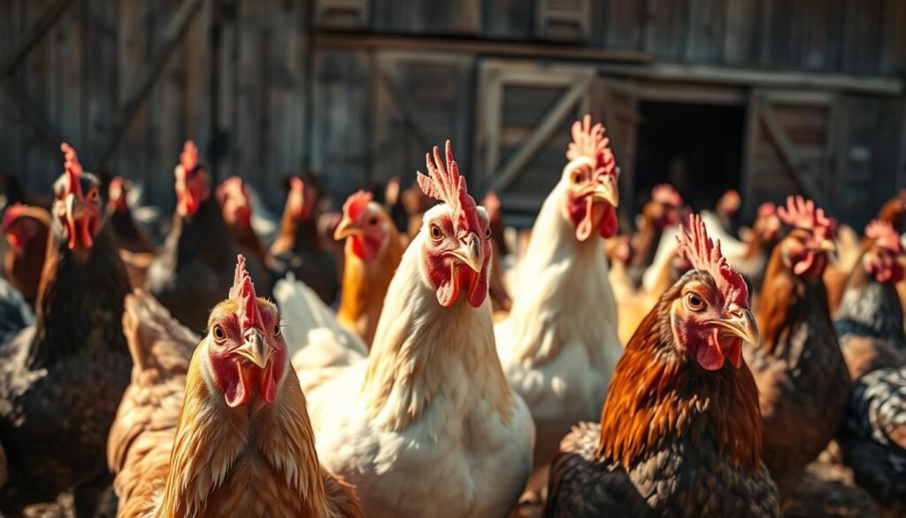 A flock of intelligent chickens gathered in a farmyard, their keen eyes and attentive expressions suggesting an awareness beyond the typical bird. The foreground features several chickens in various poses, with distinct facial features and individual personalities. In the middle ground, additional chickens move about, engaged in natural behaviors like pecking the ground and preening their feathers. The background showcases a rustic barn, its weathered wood and charming details providing a countryside setting. Warm, natural lighting bathes the scene, casting gentle shadows and highlighting the chickens' iridescent feathers. The overall mood is one of tranquility and fascination, inviting the viewer to observe these remarkable avian subjects.