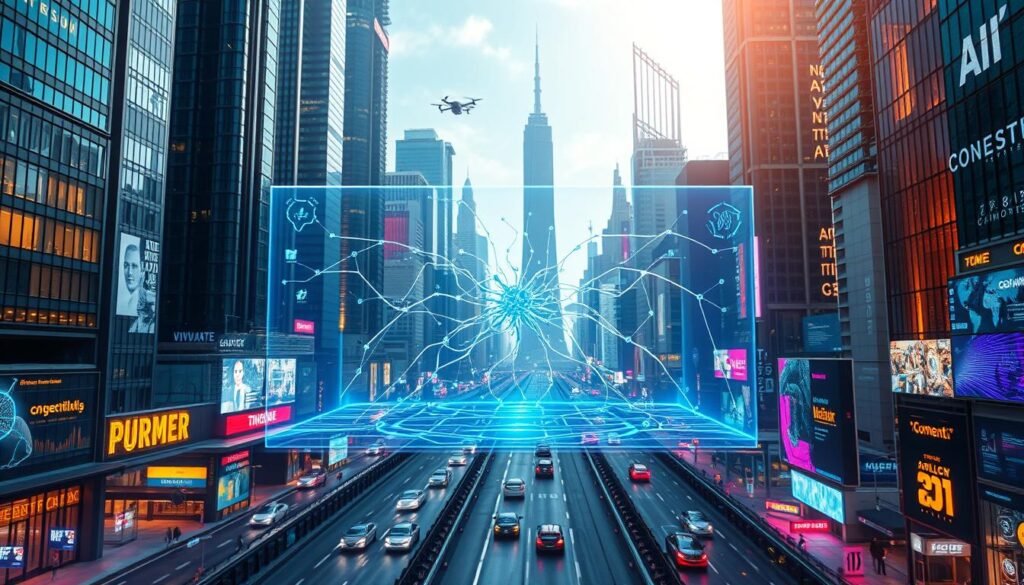 A futuristic, technologically-advanced cityscape with towering skyscrapers and a vibrant, dynamic atmosphere. In the foreground, a holographic display depicts a complex neural network, its intricate connections pulsing with energy. Surrounding the display, sleek, minimalist interfaces and interactive panels showcase the seamless integration of multimodal artificial intelligence. The middle ground features autonomous vehicles and drones navigating the urban landscape, while the background is filled with a kaleidoscope of neon lights and digital projections, creating a sense of boundless innovation and technological progress. The overall scene conveys a powerful vision of the transformative potential of multimodal AI in shaping the cities of the future. A futuristic, technologically-advanced cityscape with towering skyscrapers and a vibrant, dynamic atmosphere. In the foreground, a holographic display depicts a complex neural network, its intricate connections pulsing with energy. Surrounding the display, sleek, minimalist interfaces and interactive panels showcase the seamless integration of multimodal artificial intelligence. The middle ground features autonomous vehicles and drones navigating the urban landscape, while the background is filled with a kaleidoscope of neon lights and digital projections, creating a sense of boundless innovation and technological progress. The overall scene conveys a powerful vision of the transformative potential of multimodal AI in shaping the cities of the future.