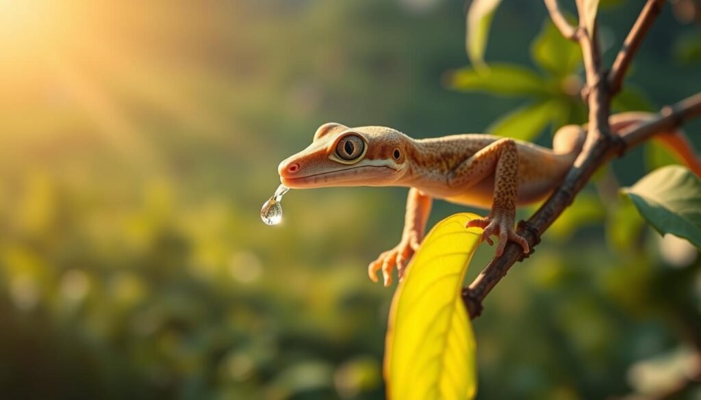 A gecko perched on a branch, carefully conserving water by gracefully lapping it from a droplet on a leaf. The lizard's eyes are focused, its movements deliberate, as it demonstrates an evolutionary adaptation to thrive in arid environments. The scene is bathed in soft, warm lighting, creating a serene and contemplative atmosphere. The background is a lush, verdant landscape, hinting at the gecko's natural habitat. The composition draws the viewer's attention to the remarkable water-saving behavior of this remarkable reptile. A gecko perched on a branch, carefully conserving water by gracefully lapping it from a droplet on a leaf. The lizard's eyes are focused, its movements deliberate, as it demonstrates an evolutionary adaptation to thrive in arid environments. The scene is bathed in soft, warm lighting, creating a serene and contemplative atmosphere. The background is a lush, verdant landscape, hinting at the gecko's natural habitat. The composition draws the viewer's attention to the remarkable water-saving behavior of this remarkable reptile.