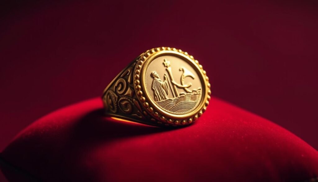 A gleaming gold papal ring, the Fisherman's Ring, rests on a rich red velvet cushion. The ornate ring features an intricate engraving of Saint Peter casting his net into the sea, a symbolic representation of his role as the first Pope and leader of the Christian church. Soft, warm lighting illuminates the ring, casting gentle shadows that accentuate its ornate details. The background is a muted, regal burgundy, creating a sense of reverence and importance surrounding this iconic symbol of the papacy. The camera angle is slightly elevated, giving the viewer a sense of the ring's significance and power. A gleaming gold papal ring, the Fisherman's Ring, rests on a rich red velvet cushion. The ornate ring features an intricate engraving of Saint Peter casting his net into the sea, a symbolic representation of his role as the first Pope and leader of the Christian church. Soft, warm lighting illuminates the ring, casting gentle shadows that accentuate its ornate details. The background is a muted, regal burgundy, creating a sense of reverence and importance surrounding this iconic symbol of the papacy. The camera angle is slightly elevated, giving the viewer a sense of the ring's significance and power.