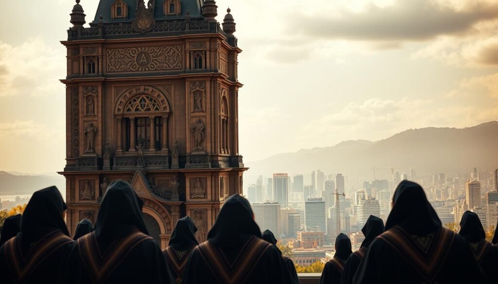 A grand Masonic temple stands tall, its ornate facade adorned with intricate carvings and symbols. In the foreground, a group of robed figures engages in a solemn ritual, their faces shrouded in mystery. The middle ground reveals a bustling city skyline, a testament to the Masons' influence and presence in Brazil. The background is bathed in a warm, golden glow, evoking a sense of timelessness and tradition. The scene captures the rich history and enduring legacy of Freemasonry in the country, a tapestry of secrets and significance.