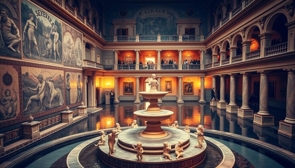 A grand Roman bathhouse with intricate tile mosaics depicting deities of sewers and plumbing. The foreground showcases a central fountain adorned with sculpted figures of mischievous water sprites. The middle ground reveals ornate columns and archways, while the background features an elevated gallery with visitors admiring the ancient architecture. Warm, golden lighting casts a serene, historical atmosphere, as if transported back to the splendor of the Roman Empire. A grand Roman bathhouse with intricate tile mosaics depicting deities of sewers and plumbing. The foreground showcases a central fountain adorned with sculpted figures of mischievous water sprites. The middle ground reveals ornate columns and archways, while the background features an elevated gallery with visitors admiring the ancient architecture. Warm, golden lighting casts a serene, historical atmosphere, as if transported back to the splendor of the Roman Empire.