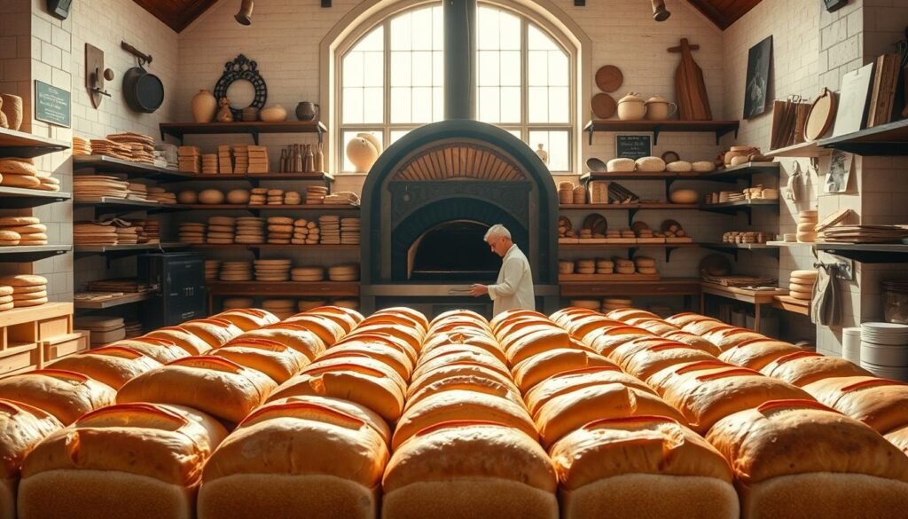 A grand bakery interior, sunlit and airy, with old-world charm. The centerpiece, a magnificent wood-fired oven, casts a warm glow over the room. In the foreground, a skilled baker carefully arranges freshly baked loaves of iconic, rectangular sandwich bread, their golden crusts glistening. Behind, shelves display an array of traditional bread varieties, each with its own unique history. The walls are adorned with antique baking tools and sepia-toned photographs, chronicling the evolution of this humble yet essential staple. A sense of timelessness pervades the scene, a visual testament to the remarkable journey of the unassuming loaf of sandwich bread. Padaria clássica iluminada com pães de forma dourados recém-assados, remetendo à origem histórica do pão fatiado.