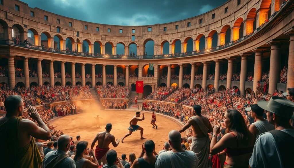A grand colosseum with a bustling arena, where ancient Roman gladiators engage in fierce battles, their muscular bodies glistening under the warm, dramatic lighting. In the stands, wealthy patrons watch intently, some adorned in luxurious togas, others gesturing animatedly as they discuss the matches. The atmosphere is electric, with a sense of history and visceral excitement permeating the scene. The camera angle captures the towering arches and columns, conveying the scale and grandeur of this iconic Roman landmark, while the detailed depiction of the gladiators and their sponsors reflects the intricate social dynamics of this bygone era. A grand colosseum with a bustling arena, where ancient Roman gladiators engage in fierce battles, their muscular bodies glistening under the warm, dramatic lighting. In the stands, wealthy patrons watch intently, some adorned in luxurious togas, others gesturing animatedly as they discuss the matches. The atmosphere is electric, with a sense of history and visceral excitement permeating the scene. The camera angle captures the towering arches and columns, conveying the scale and grandeur of this iconic Roman landmark, while the detailed depiction of the gladiators and their sponsors reflects the intricate social dynamics of this bygone era.