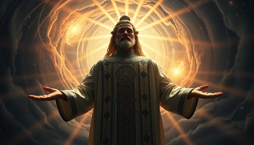 A grand, ethereal figure stands before a swirling cosmic backdrop, arms outstretched in a gesture of creation. The subject's face is partially obscured, conveying a sense of mystery and divinity. Beams of warm, golden light emanate from the figure, illuminating the celestial scene. Intricate, geometric patterns and ancient symbols adorn the subject's robes, hinting at a deep, esoteric knowledge. The composition is balanced and serene, with a sense of timelessness and the infinite. Captured through a wide-angle lens, the image conveys a profound, awe-inspiring presence, as if the "Great Architect of the Universe" is manifesting before the viewer.