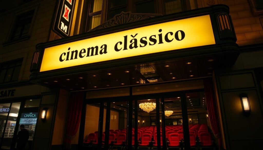 A grand movie theater facade, reminiscent of the golden age of cinema, stands tall against a backdrop of a dimly lit urban street. The marquee illuminates the classic "cinema clássico" text in a warm, vintage glow. Art deco details adorn the building's exterior, evoking a nostalgic atmosphere. Through the glass doors, a glimpse of the plush red velvet seats and ornate chandeliers can be seen, hinting at the grandeur within. Soft, diffused lighting casts long shadows, creating a moody, cinematic ambiance. The scene is captured with a wide-angle lens, emphasizing the imposing presence of the historic theater, a symbol of the enduring allure of classic cinema.