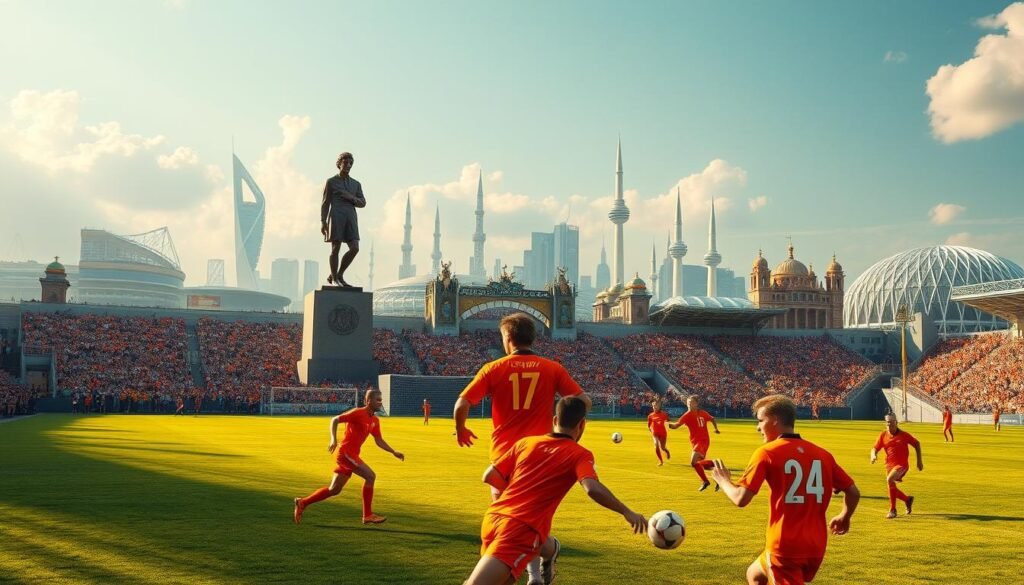 A grand, sweeping landscape depicting the global impact of the Dutch "Clockwork Orange" national football team. In the foreground, a towering statue of Johan Cruyff, the legendary player and visionary who defined the team's iconic style. The midground features a lush, verdant pitch, where players in classic orange jerseys engage in a thrilling match, their fluid, attacking play a testament to the Clockwork Orange's enduring influence. In the distance, famous stadiums and landmarks from around the world - the Maracanã, the Bernabéu, the San Siro - symbolize the team's worldwide legacy. The scene is bathed in warm, golden light, conveying a sense of timeless grandeur and the lasting impact of this iconic football legacy.
