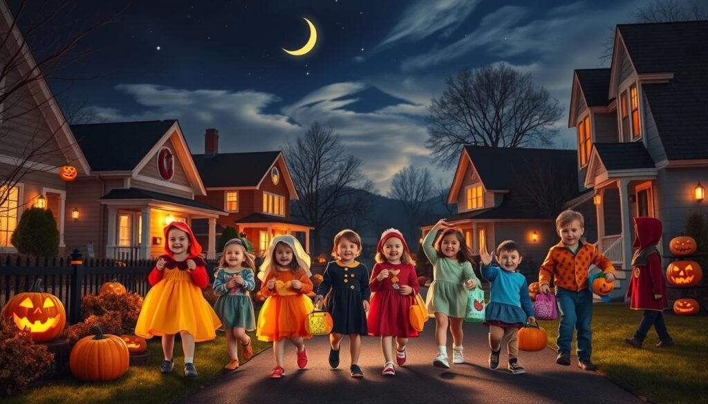 A group of children in colorful costumes excitedly trick-or-treating on a cozy neighborhood street. In the foreground, they hold open their bags and baskets, eager to collect their Halloween treats. Middle ground features a row of quaint houses with carved pumpkins on the doorsteps, casting a warm, autumnal glow. The background showcases a starry night sky, with a crescent moon peeking out from behind wispy clouds. Soft, diffused lighting creates a magical, nostalgic atmosphere, capturing the spirit of this beloved Halloween tradition.