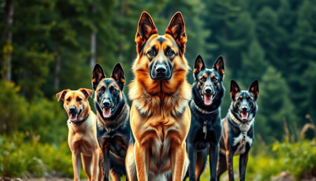 A group of heroic canines standing tall, their eyes shining with determination and their bodies poised for action. In the foreground, a majestic German shepherd leads the pack, its muscular frame and alert stance suggesting its role as the team's protector. Surrounding it, a diverse team of rescue dogs - a Labrador retriever, a Belgian Malinois, and a border collie - each with their own unique qualities, ready to tackle any challenge that comes their way. The background is a lush, verdant forest, hinting at the treacherous terrain they may have traversed to reach their goal. Dramatic lighting casts a warm, heroic glow on the scene, capturing the bravery and unwavering spirit of these four-legged heroes. Retrato simbólico dos cães que protegeram o menino Estevão na mata amazônica. Leais e corajosos, ficaram com ele por 24 horas, enfrentando chuva e frio, até o resgate.