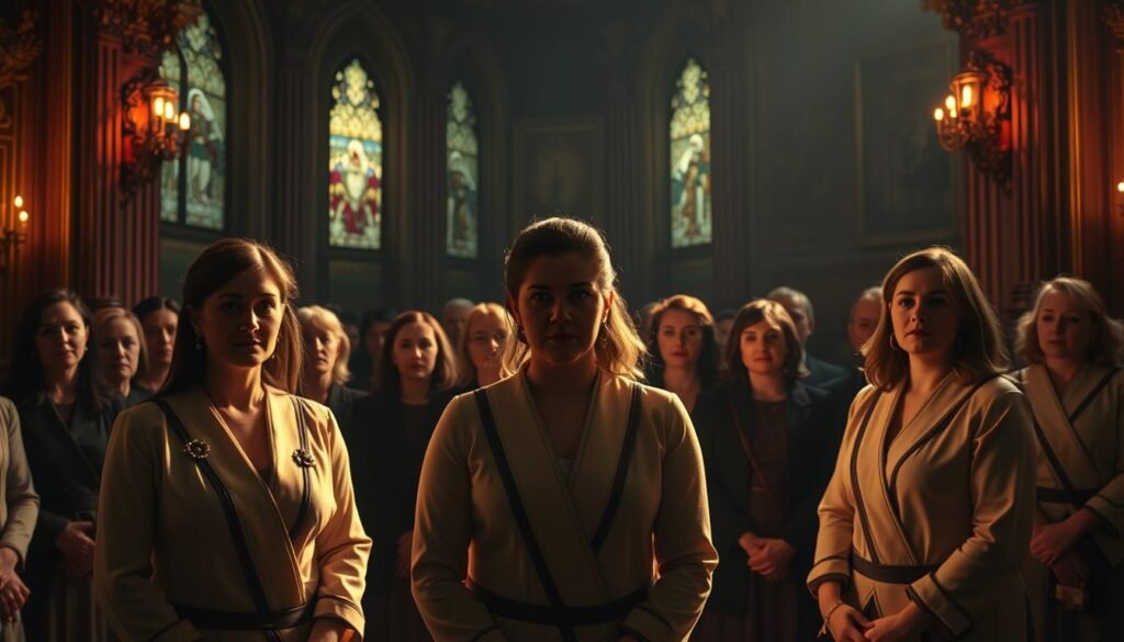 A group of women in formal Masonic attire, gathered in a dimly lit, ornate Masonic temple. Soft, warm lighting casts dramatic shadows, creating an atmosphere of mystique and solemnity. In the foreground, three women stand in a ceremonial pose, their faces partially obscured by Masonic regalia. Behind them, a semicircle of women observe the proceedings, their expressions solemn and focused. The background is filled with intricate architectural details, such as carved columns, stained glass windows, and ornate tapestries, hinting at the rich history and tradition of this female Masonic order.