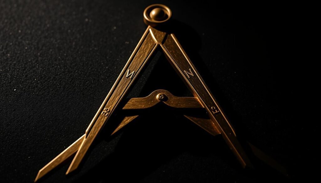 A high-contrast, dramatic close-up of the Masonic symbols of the compass and square, portrayed with precision and symbolism. The compass and square are rendered in gleaming metallic tones, their edges sharp and defined, casting dramatic shadows on a dark, textured background that evokes the mystique and secrecy of Freemasonry. The instruments are positioned to form an "X" shape, symbolizing the duality and balance at the heart of Masonic teachings. Dramatic side lighting accentuates the three-dimensional form of the objects, creating a sense of depth and gravitas. The overall mood is one of reverence, mystery, and the timeless wisdom of this ancient order.