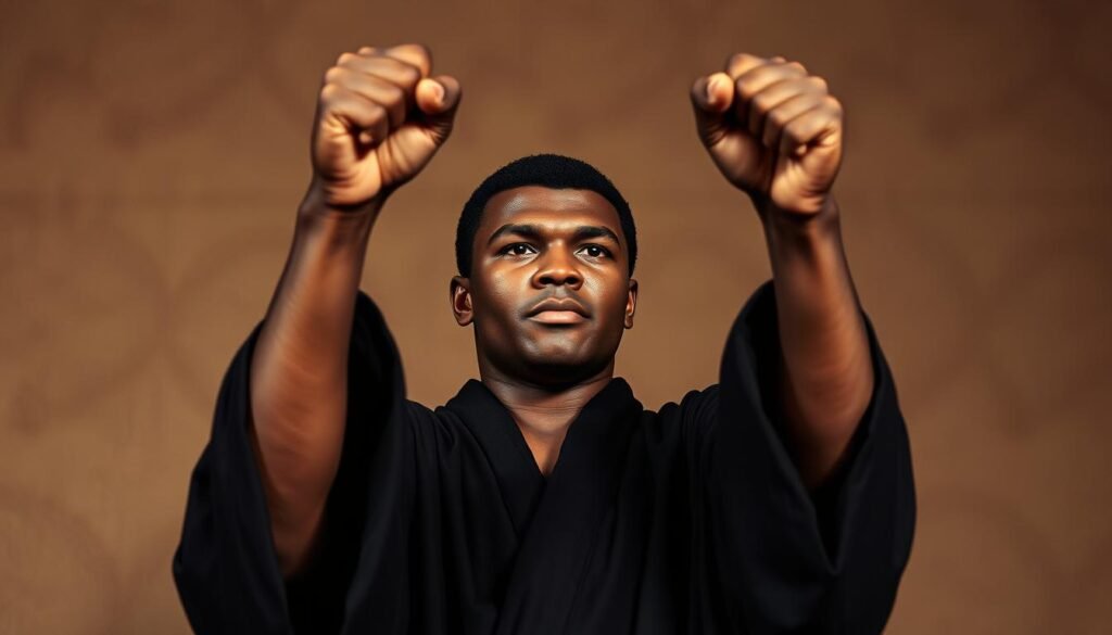 A high-contrast portrait of Muhammad Ali, the legendary boxer, standing tall and proud, his fists raised defiantly. He is dressed in a black robe, his facial features etched with determination, conveying his refusal to be drafted into the Vietnam War. The background is a muted, earthy tone, highlighting the intensity of his gaze and the significance of his decision. Dramatic lighting casts dramatic shadows, emphasizing the gravity of the moment. The image captures the essence of Ali's principled stance, his unwavering commitment to his beliefs, and his enduring legacy as a humanitarian and civil rights icon. A high-contrast portrait of Muhammad Ali, the legendary boxer, standing tall and proud, his fists raised defiantly. He is dressed in a black robe, his facial features etched with determination, conveying his refusal to be drafted into the Vietnam War. The background is a muted, earthy tone, highlighting the intensity of his gaze and the significance of his decision. Dramatic lighting casts dramatic shadows, emphasizing the gravity of the moment. The image captures the essence of Ali's principled stance, his unwavering commitment to his beliefs, and his enduring legacy as a humanitarian and civil rights icon.