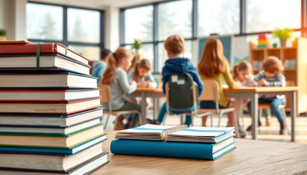 A high-resolution, detailed illustration of the Finnish school curriculum. In the foreground, a stack of textbooks and notebooks arranged neatly, representing the core academic subjects. In the middle ground, a group of students engaged in collaborative, hands-on learning activities, showcasing the interactive, student-centered approach. In the background, a modern, well-equipped classroom with large windows, allowing natural light to flood the space, creating a warm, inviting atmosphere. The overall scene conveys a sense of innovation, creativity, and a holistic approach to education, reflecting the unique aspects of the Finnish educational system. A high-resolution, detailed illustration of the Finnish school curriculum. In the foreground, a stack of textbooks and notebooks arranged neatly, representing the core academic subjects. In the middle ground, a group of students engaged in collaborative, hands-on learning activities, showcasing the interactive, student-centered approach. In the background, a modern, well-equipped classroom with large windows, allowing natural light to flood the space, creating a warm, inviting atmosphere. The overall scene conveys a sense of innovation, creativity, and a holistic approach to education, reflecting the unique aspects of the Finnish educational system.