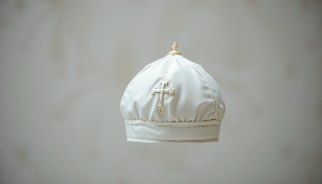 A high-resolution, detailed photograph of a papal solidéu, the traditional white cap worn by the Pope. The solidéu is centered in the frame, with a soft, diffused lighting that highlights its intricate texture and pristine white color. The image is captured at a slight angle, creating a sense of depth and dimensionality. The background is blurred, keeping the focus entirely on the solidéu, which appears to be floating against a neutral, muted backdrop. The overall mood is one of reverence and devotion, capturing the symbolic significance of this small, yet iconic, papal accessory. A high-resolution, detailed photograph of a papal solidéu, the traditional white cap worn by the Pope. The solidéu is centered in the frame, with a soft, diffused lighting that highlights its intricate texture and pristine white color. The image is captured at a slight angle, creating a sense of depth and dimensionality. The background is blurred, keeping the focus entirely on the solidéu, which appears to be floating against a neutral, muted backdrop. The overall mood is one of reverence and devotion, capturing the symbolic significance of this small, yet iconic, papal accessory.