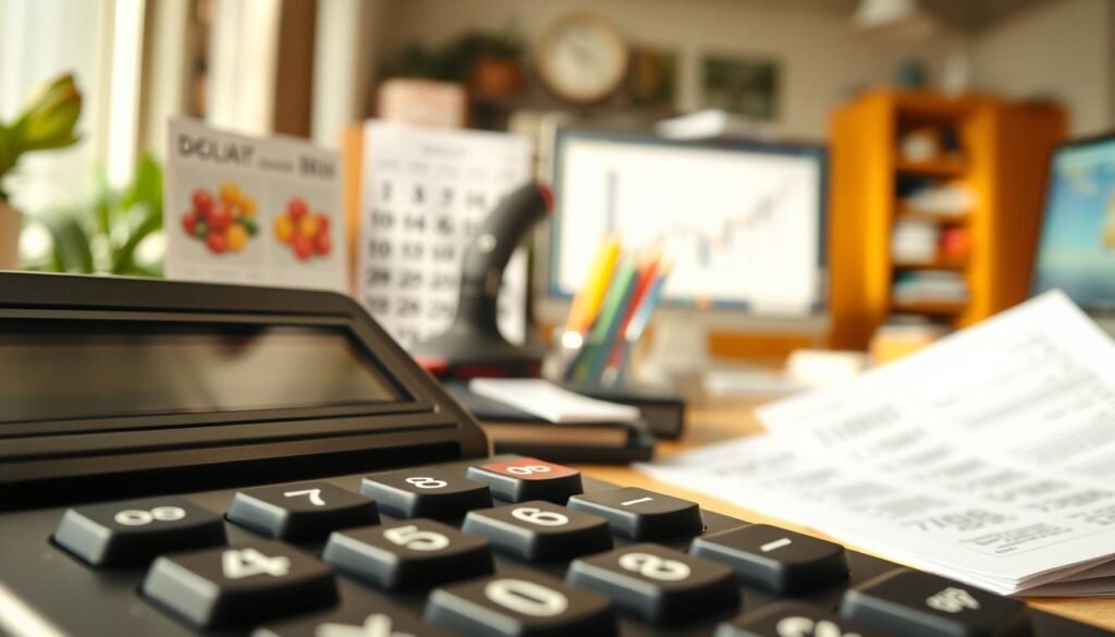 A highly detailed and realistic image of the decimal numeral system, showcasing its importance in everyday life. The foreground features a close-up view of a calculator display, with clear and legible digits 0-9 arranged in a familiar layout. The middle ground depicts various everyday objects, such as a calendar, a price tag, and a bank statement, all prominently displaying the decimal numeric system. The background is a warm, inviting workspace, with office supplies and a computer monitor in the distance, emphasizing the ubiquitous nature of the decimal system in modern life. The lighting is soft and natural, creating a sense of clarity and focus on the central elements. The overall composition and perspective aim to convey the essential role the decimal numeral system plays in our daily routines and decision-making processes.