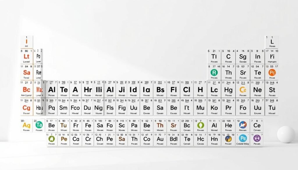 A highly detailed, photorealistic illustration of the periodic table families, showcased against a clean, minimalist backdrop. The main focus is on stylized, iconic representations of the key elemental groups - alkali metals, alkaline earth metals, halogens, noble gases, and more - each presented in a distinct visual style that highlights their unique chemical properties and roles. Soft, directional lighting enhances the dimensional, tactile quality of the illustration, while a muted color palette lends an air of scientific precision. The overall composition is balanced and visually striking, perfectly suited to illustrate the "Main Families of the Periodic Table" section of the article.