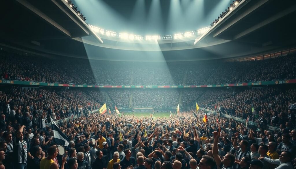 A large group of passionate football fans, the Gaviões da Fiel, gathered in a packed stadium. In the foreground, a mass of supporters adorned in the club's iconic black and white colors, their faces painted with fierce expressions, drums and banners held high. The middle ground reveals a vast, tiered seating area, fans spilling over the edges, their energy palpable. In the background, the stadium's imposing concrete structure reaches up, casting dramatic shadows across the scene. Dramatic lighting illuminates the fervent supporters, capturing the intensity and devotion of Brazil's most influential fan group. A large group of passionate football fans, the Gaviões da Fiel, gathered in a packed stadium. In the foreground, a mass of supporters adorned in the club's iconic black and white colors, their faces painted with fierce expressions, drums and banners held high. The middle ground reveals a vast, tiered seating area, fans spilling over the edges, their energy palpable. In the background, the stadium's imposing concrete structure reaches up, casting dramatic shadows across the scene. Dramatic lighting illuminates the fervent supporters, capturing the intensity and devotion of Brazil's most influential fan group.