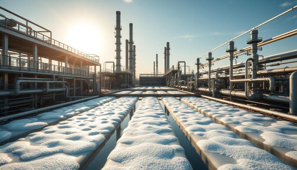 A large-scale industrial facility with gleaming metal structures and towering chimneys, set against a backdrop of a bright, sun-lit sky. In the foreground, rows of electrolysis cells generate clean, renewable hydrogen gas, with bubbles and foam visible in the process. The middle ground features intricate pipework, valves, and monitoring equipment, all bathed in a warm, golden light. The overall atmosphere conveys a sense of technological innovation, efficiency, and environmental responsibility in the production of green hydrogen. A large-scale industrial facility with gleaming metal structures and towering chimneys, set against a backdrop of a bright, sun-lit sky. In the foreground, rows of electrolysis cells generate clean, renewable hydrogen gas, with bubbles and foam visible in the process. The middle ground features intricate pipework, valves, and monitoring equipment, all bathed in a warm, golden light. The overall atmosphere conveys a sense of technological innovation, efficiency, and environmental responsibility in the production of green hydrogen.