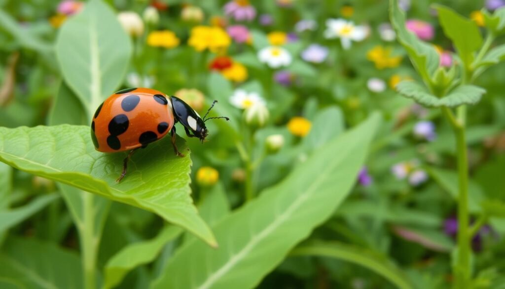 A lush garden scene, with a closeup of a ladybug (Coccinellidae) perched on a vibrant green leaf. The ladybug's distinctive red-and-black spotted shell is meticulously detailed, its antennae twitching as it surveys its surroundings. In the middle ground, a variety of thriving plants and flowers creates a verdant backdrop, hinting at the ladybug's natural habitat and role as a beneficial predator, consuming aphids and other garden pests. Soft, diffused lighting illuminates the scene, casting gentle shadows and highlighting the delicate textures of the foliage. The overall composition conveys a sense of tranquility and the harmonious relationship between the ladybug and its host plants.