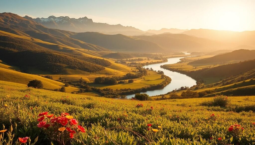 A lush, rolling landscape of the Paraguayan countryside, bathed in warm golden light. In the foreground, verdant fields dotted with vibrant wildflowers sway gently in the breeze. The middle ground features a winding river, its calm waters reflecting the surrounding hills and forests. In the distance, majestic mountains rise up, their rugged peaks capped with a dusting of snow. The scene conveys a sense of tranquility and timelessness, capturing the essence of Paraguay's rich natural heritage. The composition is balanced and harmonious, inviting the viewer to immerse themselves in the serene beauty of this landlocked South American nation. Imagem que retrata a beleza natural do Paraguai, um dos países da América do Sul sem saída para o mar, com paisagens tranquilas e montanhosas que revelam sua rica biodiversidade interiorana.