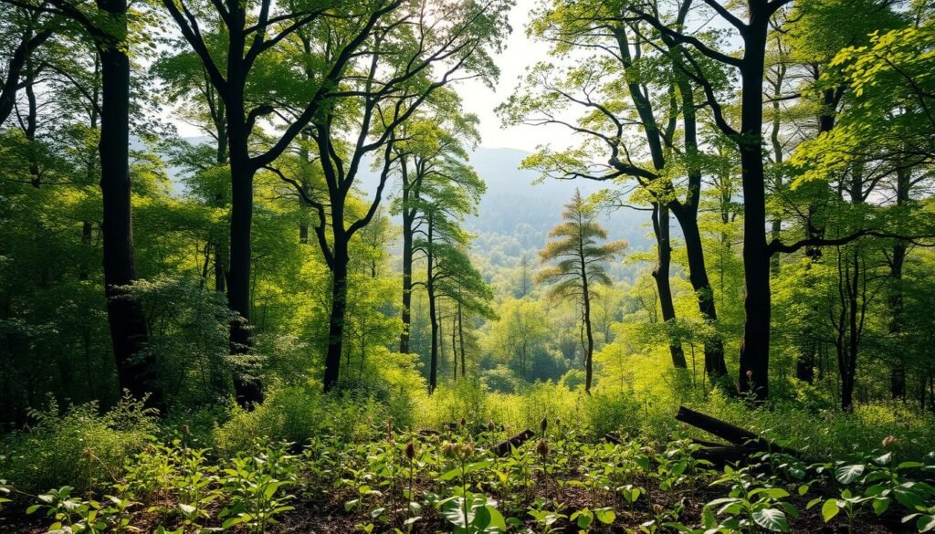 A lush, thriving forest stretches out before the viewer, its canopy of verdant foliage dappled with warm, golden sunlight filtering through. In the foreground, a diverse array of young saplings and seedlings dot the forest floor, their tender leaves and stems reaching up towards the sky. The middle ground is dominated by towering, mature trees, their sturdy trunks reaching high above, their branches intertwining to create a natural, intricate tapestry. In the background, the forest deepens, fading into a hazy, dreamlike distance, hinting at the vast, untamed wilderness beyond. The scene conveys a sense of rejuvenation, growth, and the triumph of nature, reflecting the inspiring story of the retired man who single-handedly planted an entire forest. A lush, thriving forest stretches out before the viewer, its canopy of verdant foliage dappled with warm, golden sunlight filtering through. In the foreground, a diverse array of young saplings and seedlings dot the forest floor, their tender leaves and stems reaching up towards the sky. The middle ground is dominated by towering, mature trees, their sturdy trunks reaching high above, their branches intertwining to create a natural, intricate tapestry. In the background, the forest deepens, fading into a hazy, dreamlike distance, hinting at the vast, untamed wilderness beyond. The scene conveys a sense of rejuvenation, growth, and the triumph of nature, reflecting the inspiring story of the retired man who single-handedly planted an entire forest.