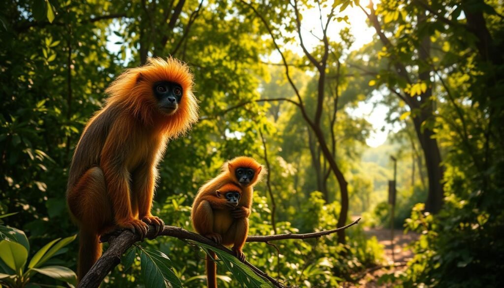 A lush, verdant forest canopy, dappled with golden sunlight, serves as the backdrop for a family of golden lion tamarins (Leontopithecus rosalia) intently foraging for food. In the foreground, a male tamarin perches vigilantly, his striking golden mane and expressive face capturing the viewer's attention. The mid-ground reveals a female tamarin tenderly caring for her young, highlighting the species' strong social bonds. Subtle hints of human presence, such as a distant trail or a conservation sign, convey the fragile balance between the tamarins' habitat and the need for conservation efforts. The overall scene radiates a sense of tranquility and the urgency to protect this iconic, endangered species of the Atlantic Forest.
