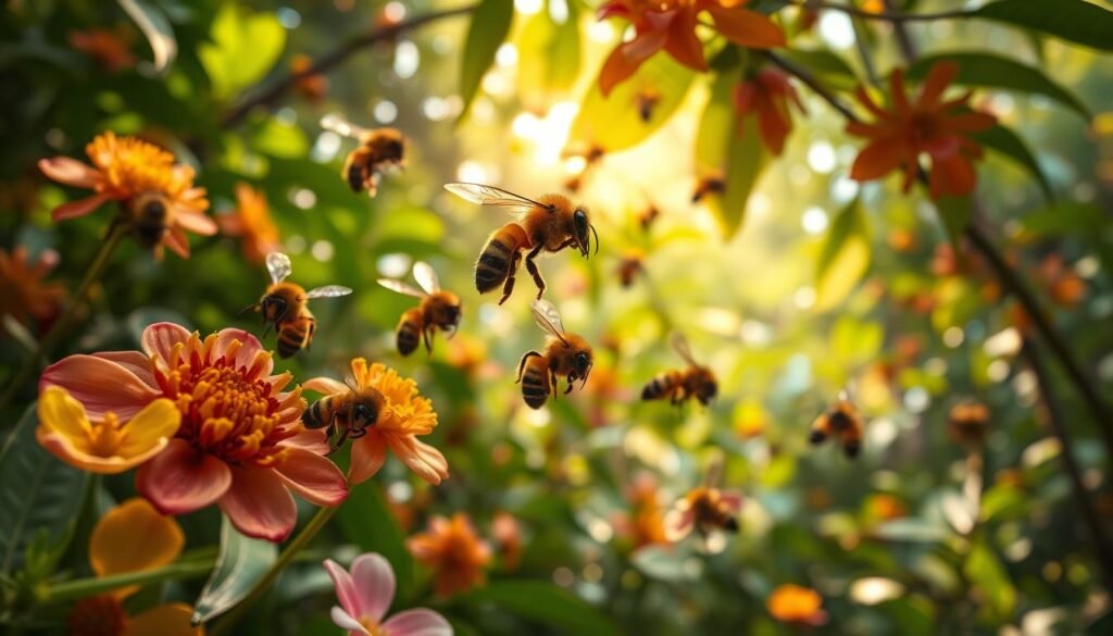 A lush, vibrant scene of native Brazilian stingless bees, Abelhas nativas, pollinating a diverse array of tropical flowers in a verdant forest setting. The bees hover gracefully, their fuzzy bodies covered in pollen, moving from blossom to blossom with delicate precision. The soft, dappled sunlight filters through the canopy, casting a warm, golden glow over the intricate details of the bees' intricate wing structures and iridescent carapaces. The rich, earthy tones of the foliage provide a natural backdrop, while the vibrant colors of the flowers add pops of vibrancy. An intimate, immersive view that captures the remarkable beauty and biodiversity of these remarkable pollinating insects native to the Brazilian landscape. A lush, vibrant scene of native Brazilian stingless bees, Abelhas nativas, pollinating a diverse array of tropical flowers in a verdant forest setting. The bees hover gracefully, their fuzzy bodies covered in pollen, moving from blossom to blossom with delicate precision. The soft, dappled sunlight filters through the canopy, casting a warm, golden glow over the intricate details of the bees' intricate wing structures and iridescent carapaces. The rich, earthy tones of the foliage provide a natural backdrop, while the vibrant colors of the flowers add pops of vibrancy. An intimate, immersive view that captures the remarkable beauty and biodiversity of these remarkable pollinating insects native to the Brazilian landscape.