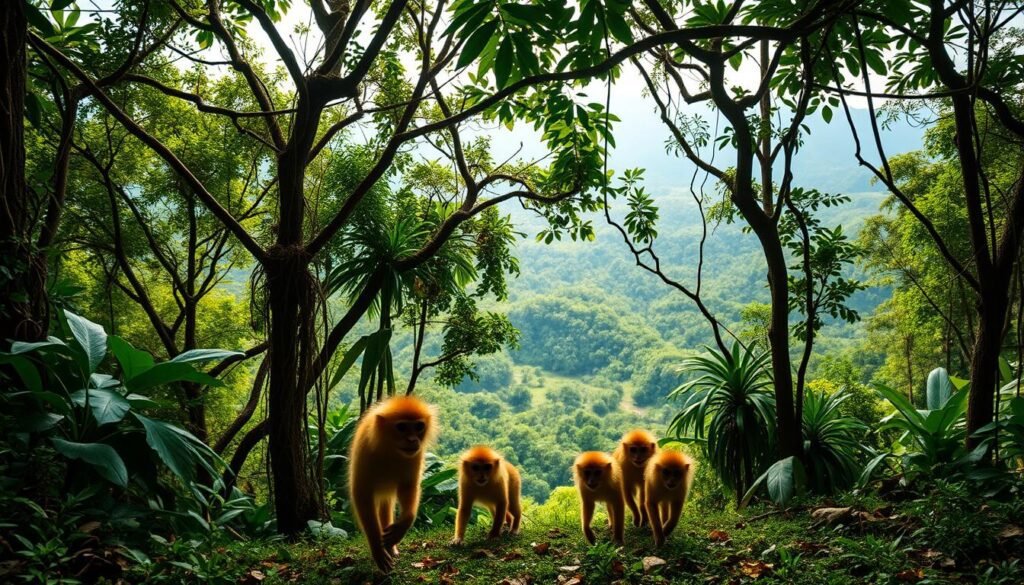 A lush, vibrant tropical forest scene, the Mata Atlântica habitat of the Golden Lion Tamarin. Towering emerald canopies draped in vines and epiphytes, dappled sunlight filtering through the foliage. In the foreground, a family of the elusive, golden-haired primates scampers across the forest floor, their expressive faces and playful movements captured in a medium-shot with a shallow depth of field. The background reveals a dreamlike, verdant landscape, hazy hills and dense vegetation stretching into the distance. The overall mood is one of enchantment and wonder, showcasing the lush, biodiverse world that the Golden Lion Tamarin calls home.